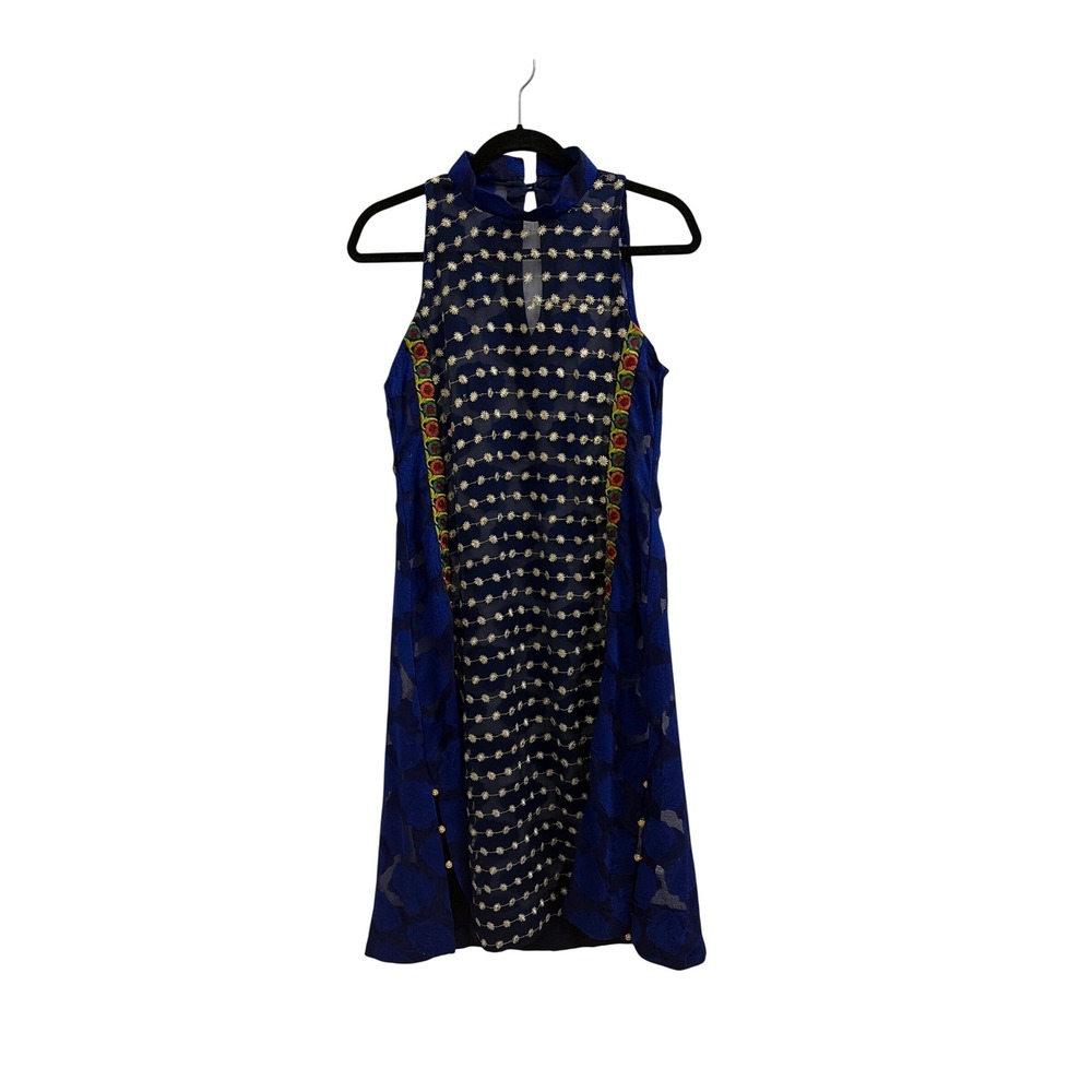Blue Floral Embroidered Mock Neck Midi Dress‎ Sleeveless Sheer Mesh Overlay